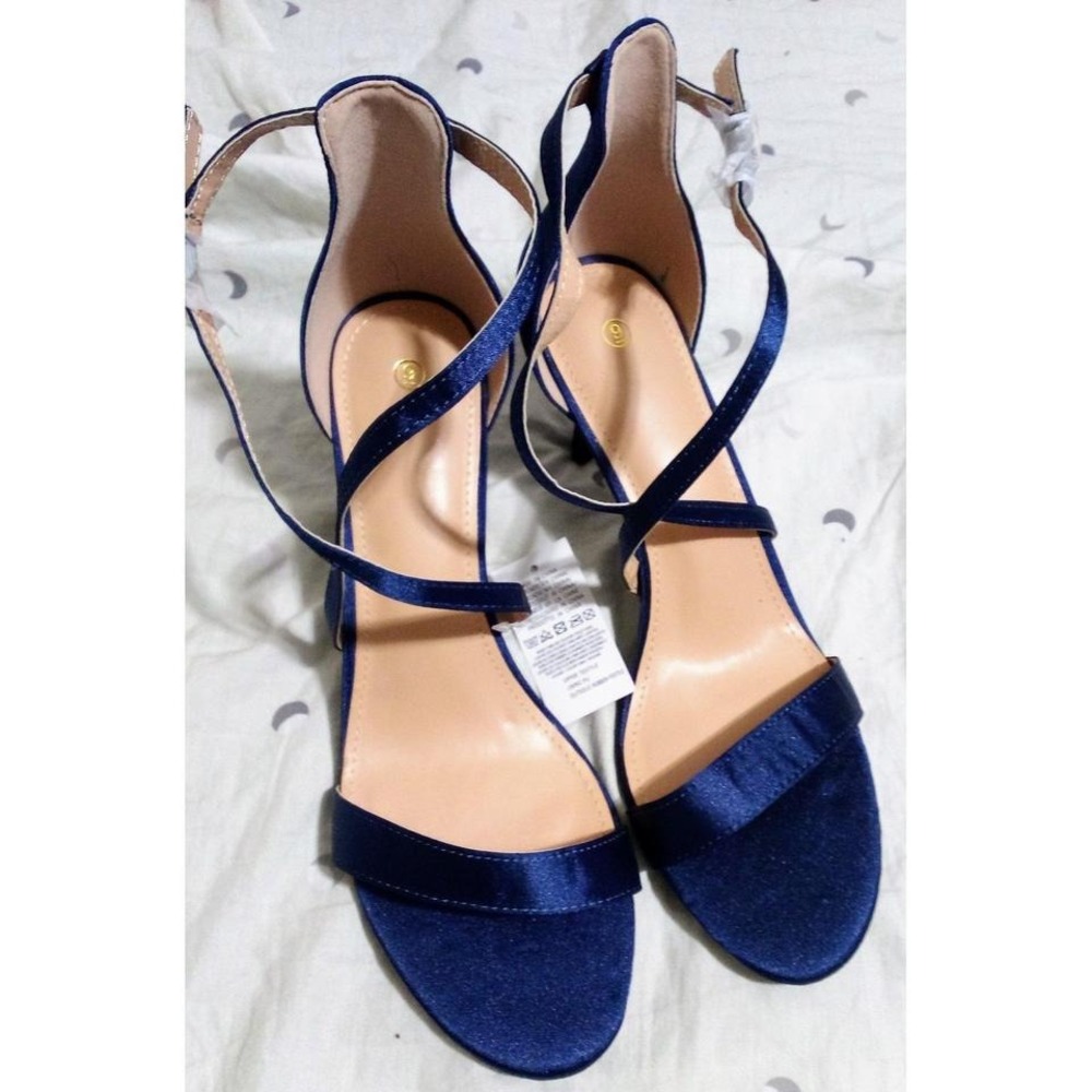 NEW Navy Blue Satin Open Toe Cross Strap‎ Formal 2" Heels, Size 9